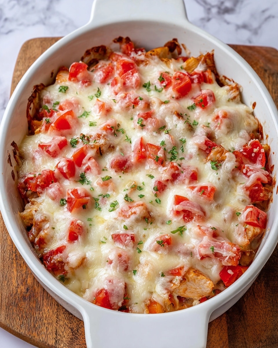The dish is a baked casserole presented in a white ceramic dish with handles. The bottom layer consists of golden-brown cooked chicken pieces, topped with bright red diced tomatoes. The top layer is a thick, melted white cheese that covers the tomatoes and chicken evenly, with some light browning around the edges. Small green herb pieces are scattered on top for garnish. The dish sits on a wooden surface, but the surface should be imagined as white marbled texture. Photo taken with an iphone --ar 4:5 --v 7