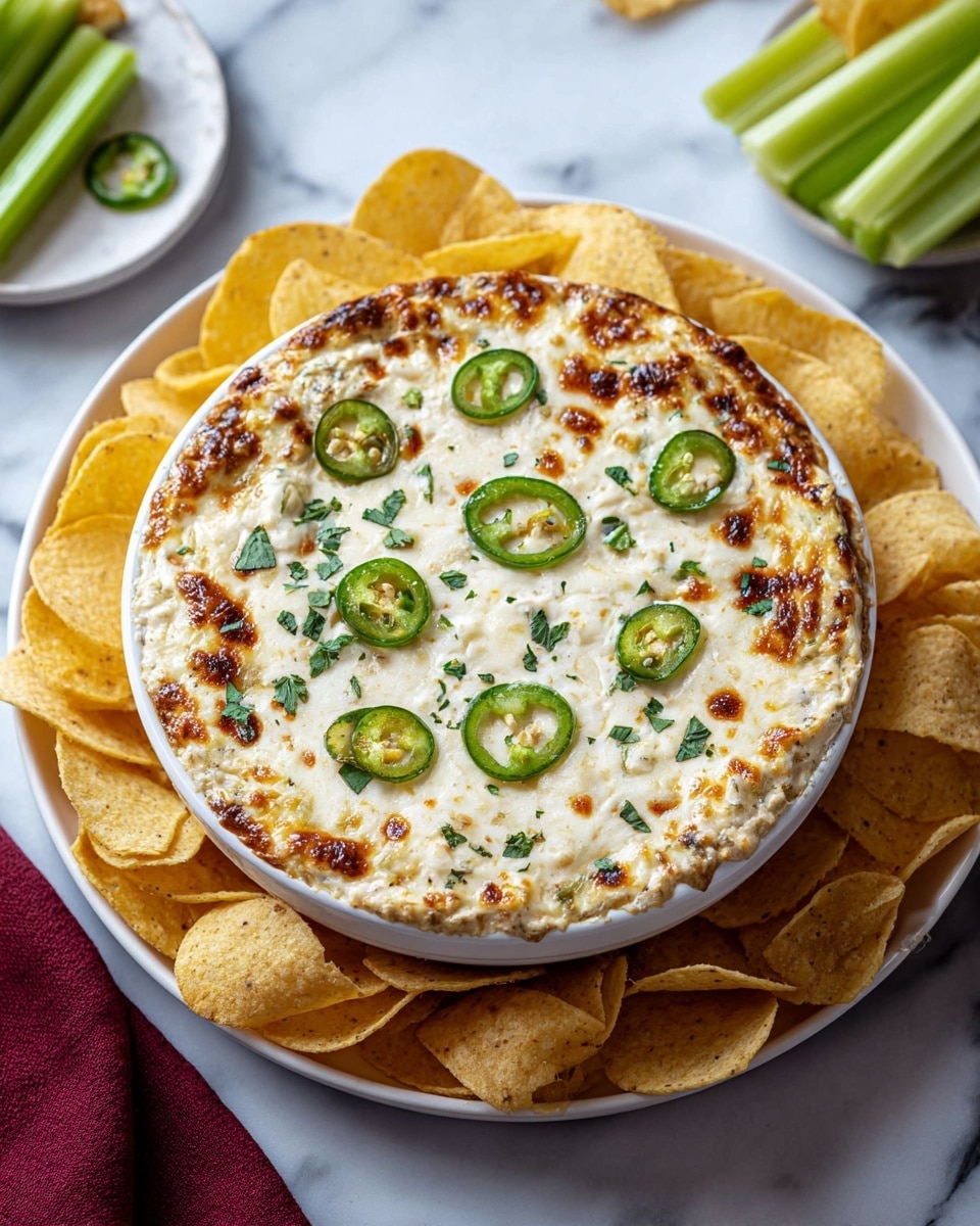 A bowl filled with a creamy white baked dip showing a golden brown top layer with melted and slightly charred cheese. The dip is garnished with thin green jalapeño slices and finely chopped green herbs evenly spread on the surface. The bowl is white and placed in the center of a larger white plate, around which yellow tortilla chips are arranged like petals. The whole scene is set on a white marbled surface, with extra jalapeño slices and celery sticks on white dishes nearby, and a maroon cloth partially visible at the bottom left. Photo taken with an iphone --ar 4:5 --v 7