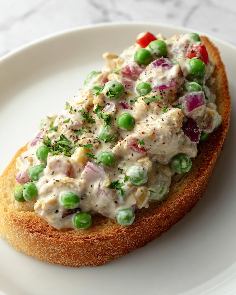 A thick slice of toasted bread with a crunchy, golden-brown crust sits on a white plate with a white marbled texture background. On top of the bread is a creamy spread mixed with small peas, finely chopped red onions, and small pieces of red bell pepper, all coated in a light, white sauce with visible black pepper specks. The mixture looks chunky and moist, covering the bread generously in one thick layer. Photo taken with an iphone --ar 4:5 --v 7