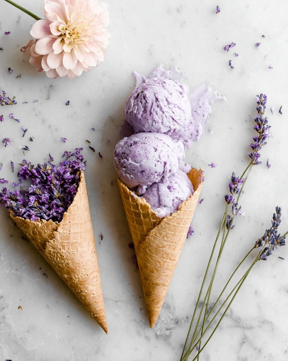 The image shows a light brown waffle cone filled with three scoops of light purple ice cream, with a creamy texture and slight melting on the edges. Next to it on the left is another empty light brown waffle cone filled with small purple flowers. On the white marbled surface, there is a pale pink flower near the top left and a few sprigs of lavender flowers with green stems laid out on the right side. The whole scene has a soft, delicate feel with pastel colors and natural elements around the ice cream cones. photo taken with an iphone --ar 4:5 --v 7