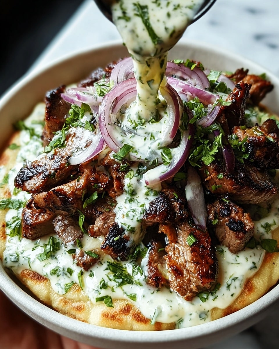 A close-up of a white bowl filled with layers starting from soft flatbread at the bottom, topped with a creamy white sauce that has green herb specks. On top of the sauce, there are thinly sliced red onions and freshly chopped green herbs. Over these, there are several pieces of grilled meat with a dark brown, slightly charred texture. A generous amount of sauce with green herb bits is being poured over the meat from above, adding a rich, creamy texture. The bowl is held by a woman's hand, and the background shows a white marbled surface. photo taken with an iphone --ar 4:5 --v 7