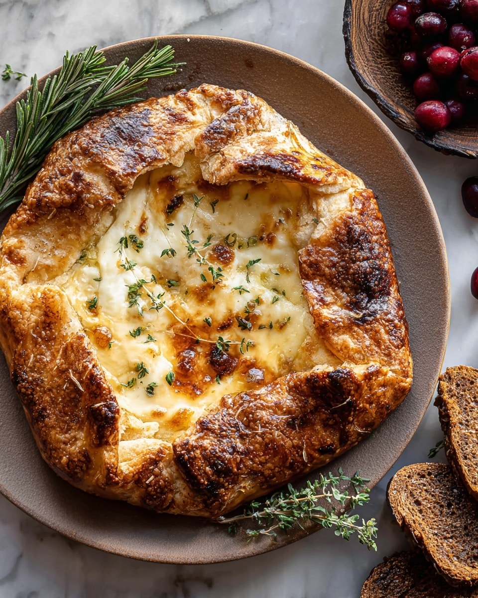 The image shows a rustic cheese galette with three main layers: the outer crust is golden brown, thick, and has a rough, crumbly texture with a few burnt spots, folded unevenly around the filling; the middle layer is melted, gooey cheese that is light cream with browned spots from the broil; inside the cheese are small green herbs scattered throughout. The galette sits on a round white plate with a matte finish, beside a few slices of dark seeded bread on the right and fresh cranberries scattered near a couple of fresh rosemary sprigs on the upper left. The background is a white marbled surface. photo taken with an iphone --ar 4:5 --v 7