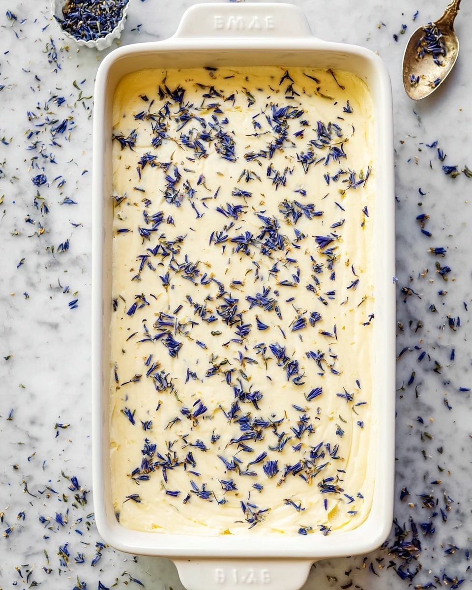 A rectangular white casserole dish filled with a smooth, light cream-colored mixture that covers the entire surface evenly. The top layer is sprinkled generously with small, deep blue and purple dried flower petals, scattered irregularly but covering every part of the creamy surface. The dish is placed on a white marbled texture background, and small bits of the same blue petals are scattered around the dish edges as well. Photo taken with an iphone --ar 4:5 --v 7