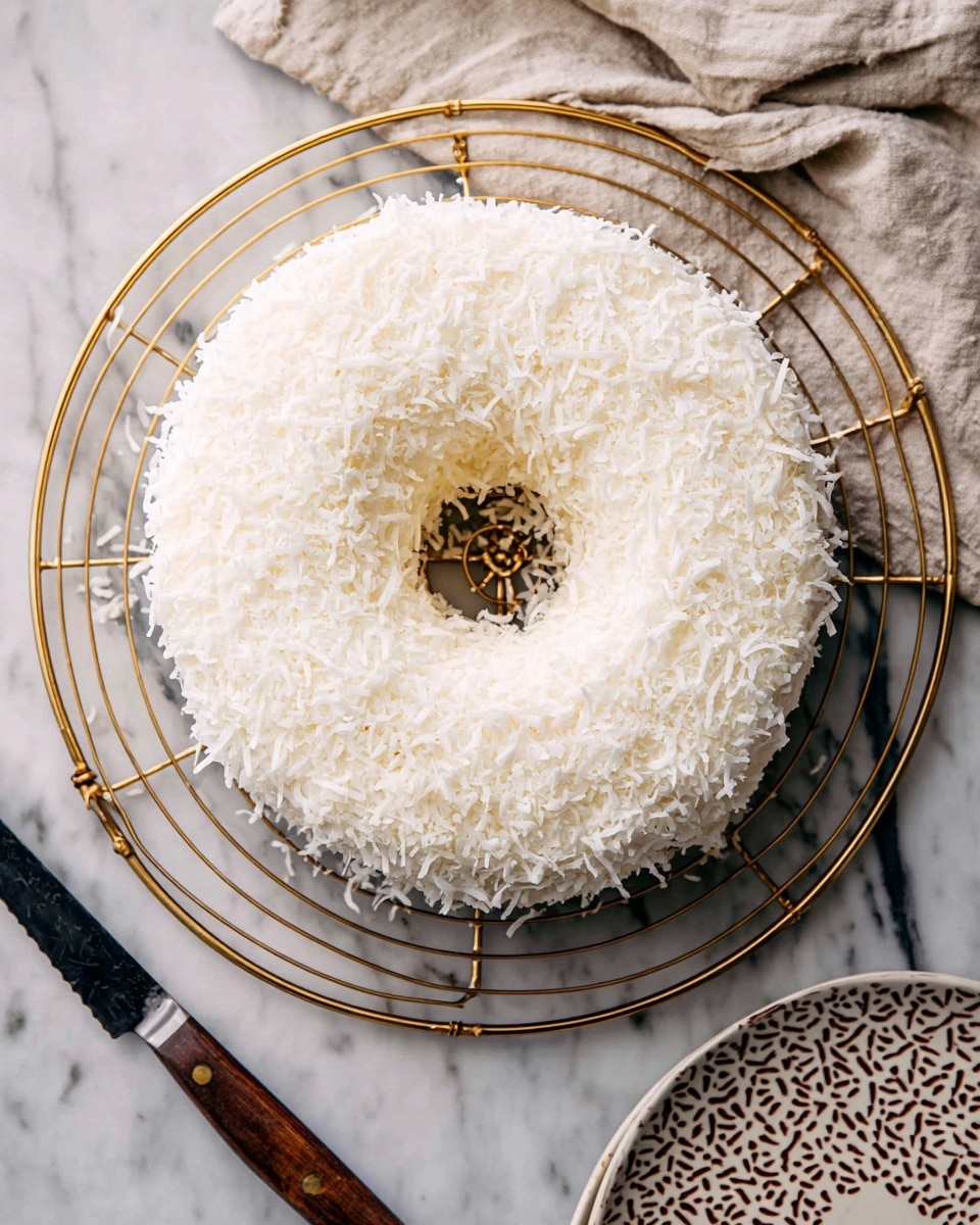 A round, ring-shaped white cake covered in a thick layer of white frosting and topped with shredded coconut flakes, giving it a fluffy and textured look all over. The cake rests on a gold circular wire cooling rack that contrasts with the cake’s white color, which sits on a white marbled surface. A knife with a dark wooden handle lies next to the cake, along with a beige cloth casually placed on the rack above the cake. Part of a white plate with brown geometric patterns is visible at the bottom right corner. The photo taken with an iphone --ar 4:5 --v 7