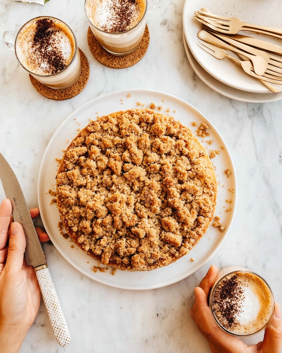 A round crumb cake with a rough, golden-brown crumb topping fills the center of a white plate, with crumbs scattered around its base. The cake shows a dense, uniform texture, topped with small and large clusters of crunchy crumbs. On the left side of the plate, a woman's hand holds a cream-colored knife with a patterned handle, ready to cut the cake, while another woman's hand holds the plate on the right. Above the cake, two glass mugs filled with creamy, frothy coffee topped with a dark sprinkle of cocoa or cinnamon sit on round cork coasters. To the right, a white plate holds several light wooden forks. The setting is on a white marbled texture surface. photo taken with an iphone --ar 4:5 --v 7