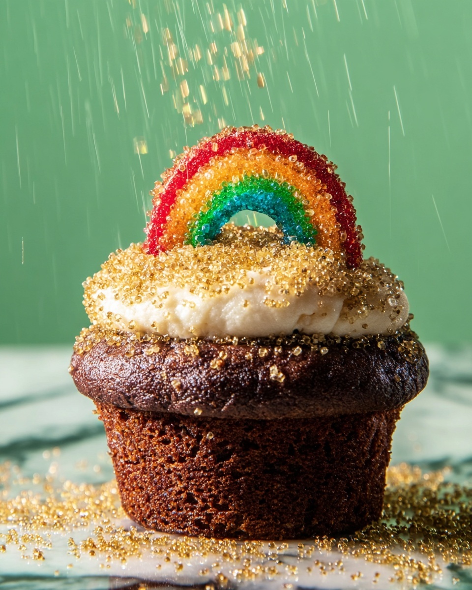 A single chocolate cupcake with a textured, slightly cracked dark brown top and sides sits on a white marbled surface. On the top center of the cupcake, there is a thick layer of white cream frosting, decorated with shiny golden sugar crystals mostly around and on top of the frosting. Rising from the frosting is a curved, rainbow-colored candy strip, arranged like a small arch with red, orange, yellow, green, and blue stripes coated in sugar crystals. Golden sugar crystals are falling around and onto the cupcake, creating a dynamic, sparkling effect. The background is a soft green color. photo taken with an iphone --ar 4:5 --v 7