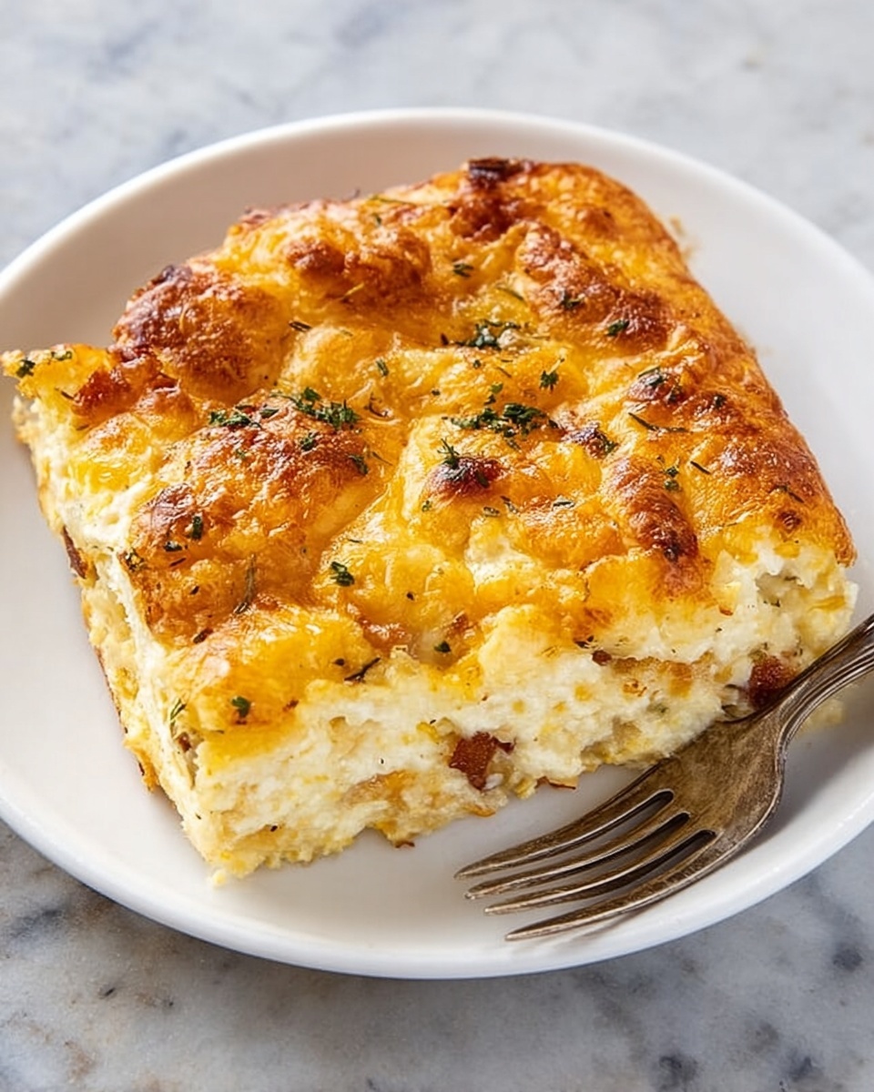 A square piece of baked cheesy casserole rests on a white plate with a fork next to it. The dish has a golden-brown top layer of melted cheese that is slightly crispy and bubbly, with some browned spots. Below the cheese, there is a creamy, pale yellow layer filled with small bits of herbs and possibly caramelized onions or bacon. The edges are slightly curled and browned, showing a soft, moist inside. The plate sits on a white marbled surface. photo taken with an iphone --ar 4:5 --v 7