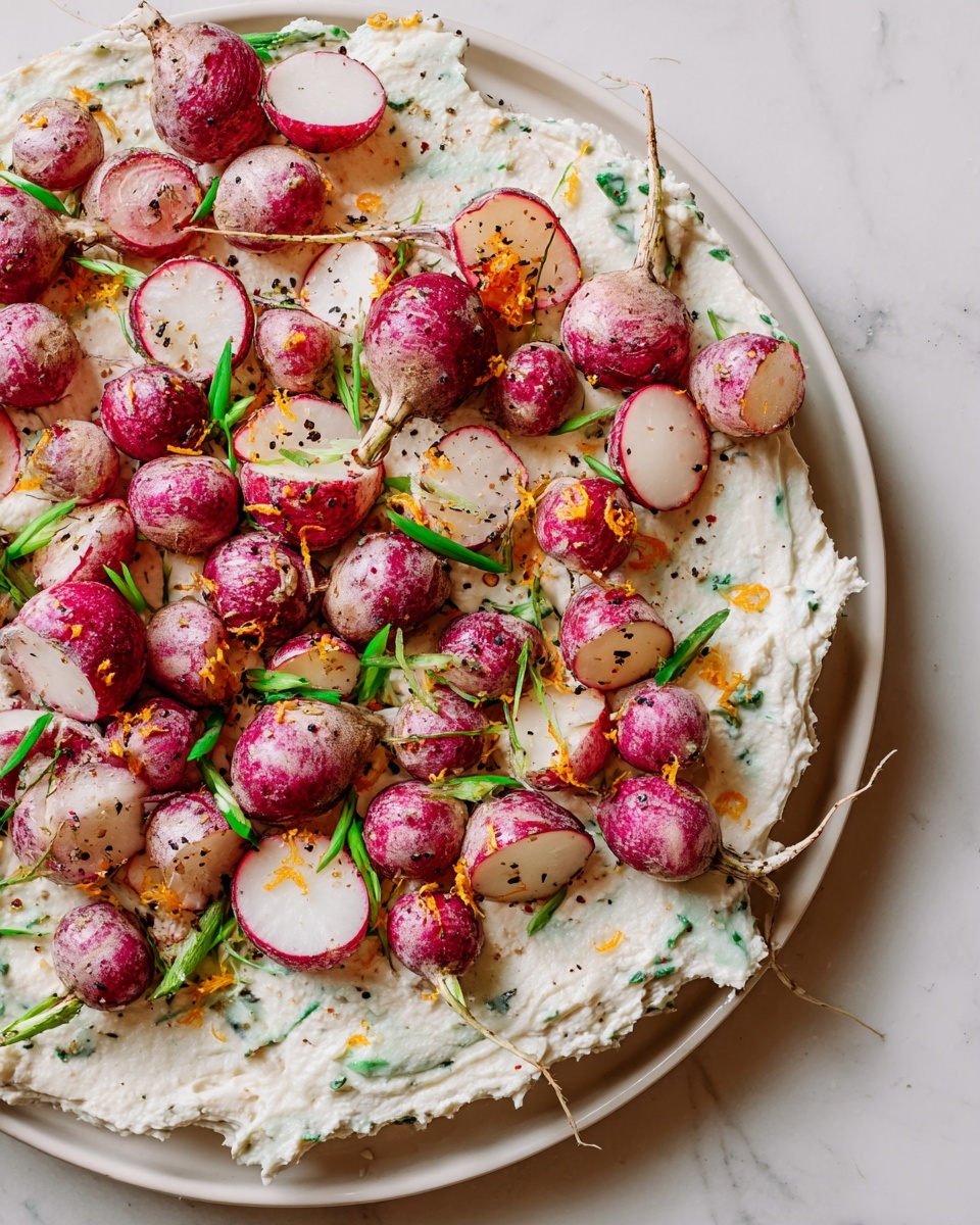 This image shows a dish with two main layers on a white plate set on a white marbled texture. The bottom layer is a thick, creamy spread with a white color and small bits of green herbs mixed in. On top, there is a generous amount of roasted radishes, some whole and some cut in halves, showing a white inside with pinkish red skin and a slightly wrinkled texture. The radishes are sprinkled with black pepper and small green onion pieces, which add pops of bright green color. There are also tiny orange zest bits scattered over the top, adding contrast to the mostly white and red layers. photo taken with an iphone --ar 4:5 --v 7