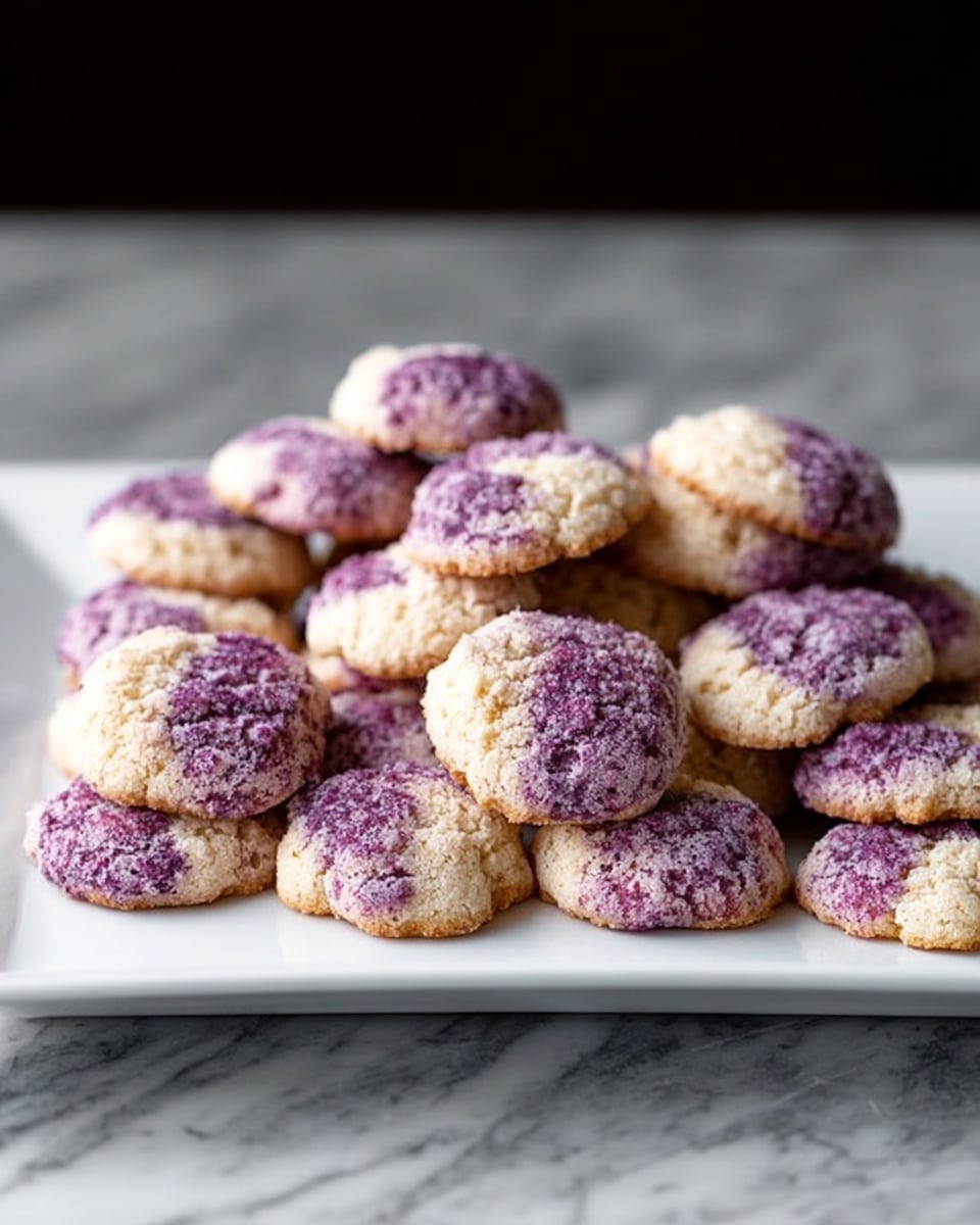 A white patterned rectangular plate holds a pile of small, round cookies stacked in several layers. Each cookie has a rough, crumbly texture with two main colors: a pale purple top mixed with light beige edges, giving a spotted effect. The cookies have uneven surfaces, showing the crumbly and dense nature of their dough. The plate sits on a white marbled surface with a blurred dark background. photo taken with an iphone --ar 4:5 --v 7