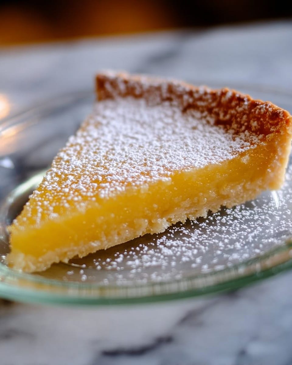 The image shows a single slice of lemon tart sitting on a clear glass plate placed on a white marbled surface. The tart has two main layers: the bottom layer is a firm, golden-brown crust with a slightly crumbly texture, and the top layer is a thick, smooth, bright yellow lemon filling. A light dusting of white powdered sugar covers the entire slice, adding a delicate touch. The tart's edges are slightly raised and golden, showing a crisp finish. photo taken with an iphone --ar 4:5 --v 7