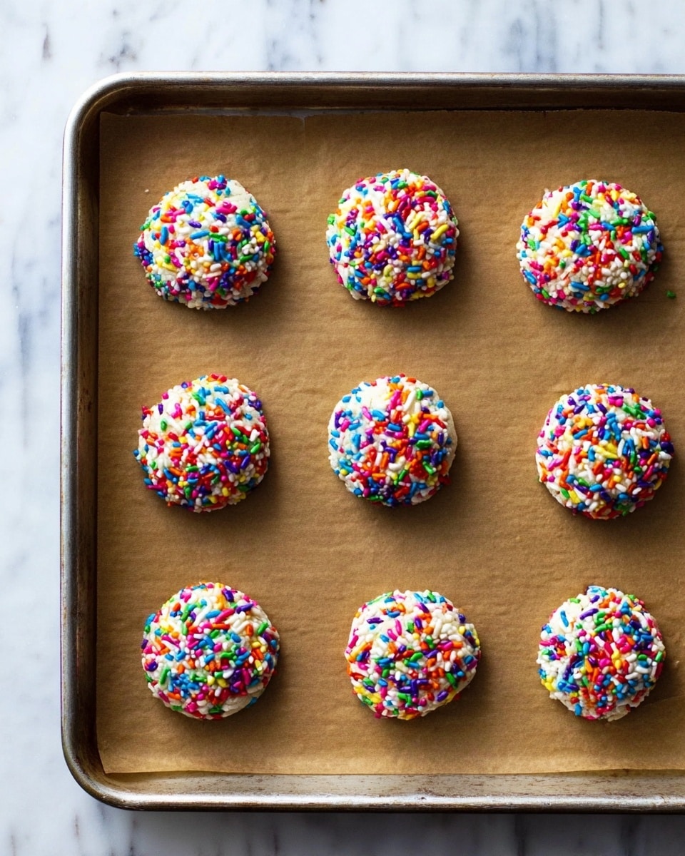 The image shows a baking tray lined with brown parchment paper holding nine round cookies, evenly spaced. Each cookie has one layer of white dough and is fully covered with multicolored sprinkles in red, blue, green, orange, purple, and yellow, giving a festive look. The tray sits on a white marbled surface. The cookies have a slightly bumpy texture due to the sprinkles and look soft and fresh. Photo taken with an iphone --ar 4:5 --v 7