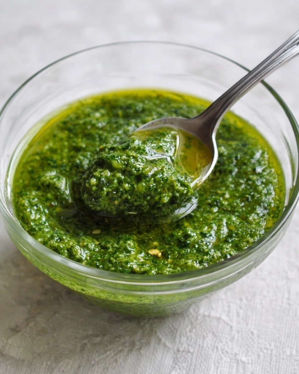 A clear glass bowl filled with a vibrant green pesto sauce, showing a thick and slightly coarse texture with small bits of herbs and nuts visible throughout, the sauce is glossy with a thin layer of olive oil on top; a silver spoon dips into the sauce, lifting a portion that highlights its chunky consistency, all resting on a white marbled textured surface. photo taken with an iphone --ar 4:5 --v 7