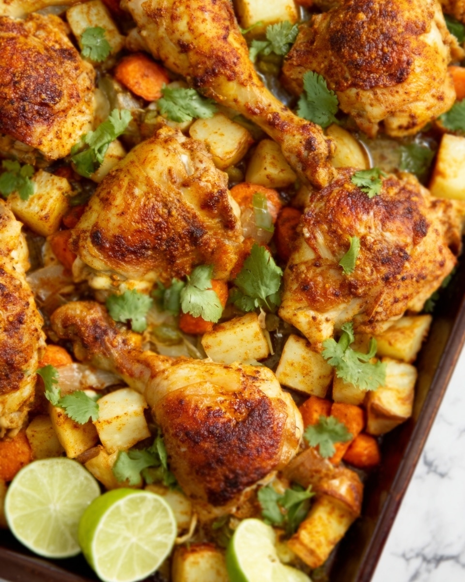 The image shows a tray filled with several pieces of golden-brown roasted chicken thighs and drumsticks, with a crispy skin that has a slightly reddish tint from spices. Underneath the chicken, there is a scattered layer of roasted potato chunks and carrot pieces, all cooked to a light brown with caramelized edges. Bright green cilantro leaves are sprinkled over the dish, adding freshness and color contrast. In the bottom corner, there are a few lime wedges, their light green color standing out against the roasted vegetables and chicken. The tray sits on a white marbled surface. Photo taken with an iphone --ar 4:5 --v 7
