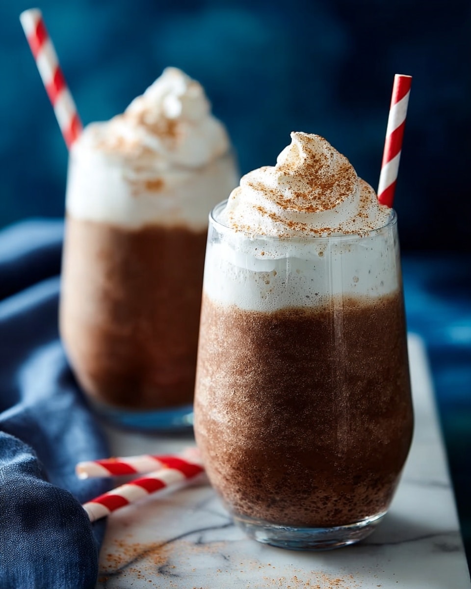 Two glasses of chocolate milkshake with three visible layers are placed on a white marbled surface. The bottom layer is a thick, textured dark chocolate base, filling most of each glass. The middle layer is a smooth swirl of white whipped cream on top of the chocolate. The top layer has a light sprinkling of brown cinnamon or cocoa powder. Each glass has a red and white striped straw poking from the whipped cream. In the background is a blurred rich blue fabric creating contrast. Extra red and white striped straws lie casually around the glasses. photo taken with an iphone --ar 4:5 --v 7