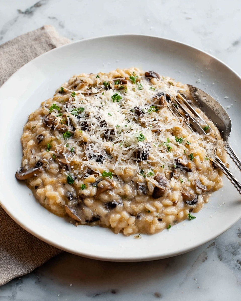 The image shows a creamy mushroom risotto served on a white plate. The dish has a soft, thick texture with visible small grains of rice mixed with dark brown mushroom slices evenly spread throughout. It is topped with a generous layer of finely shredded white cheese and small green herb bits, likely parsley, scattered on top. The risotto sits on a white marbled surface, with a silver fork placed on the right edge of the plate, partly resting on the risotto. Photo taken with an iphone --ar 4:5 --v 7