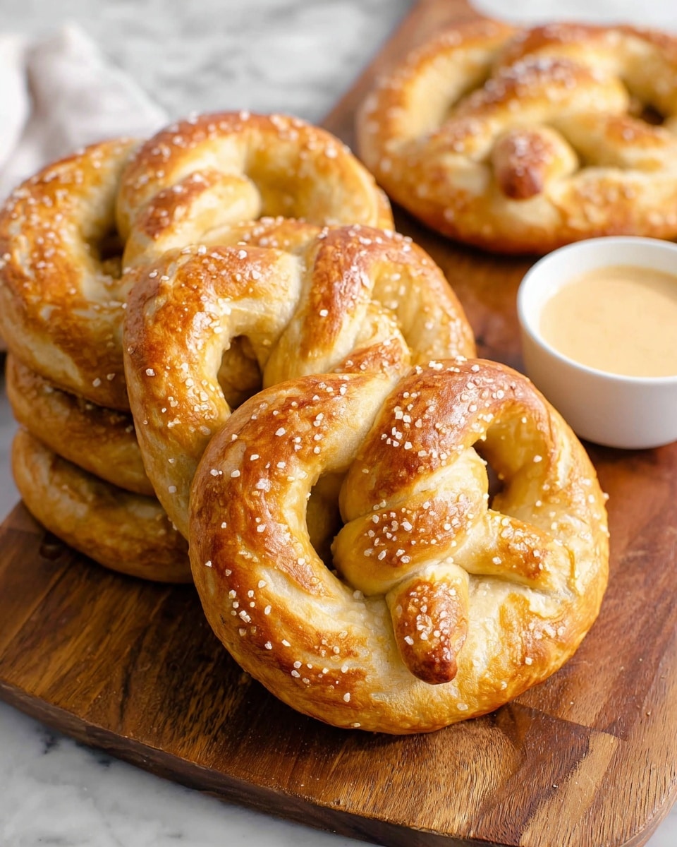 A close-up view of five golden-brown soft pretzels stacked closely on a wooden board. Each pretzel is thick and twisted in shape, showing a shiny, slightly cracked surface with coarse salt scattered on top. The pretzels have a light brown color on top with a soft, pale underside visible at the edges. To the right side of the wooden board, there is a small white bowl filled with a creamy, light brown dipping sauce. The whole scene is set on a white marbled texture background. photo taken with an iphone --ar 4:5 --v 7