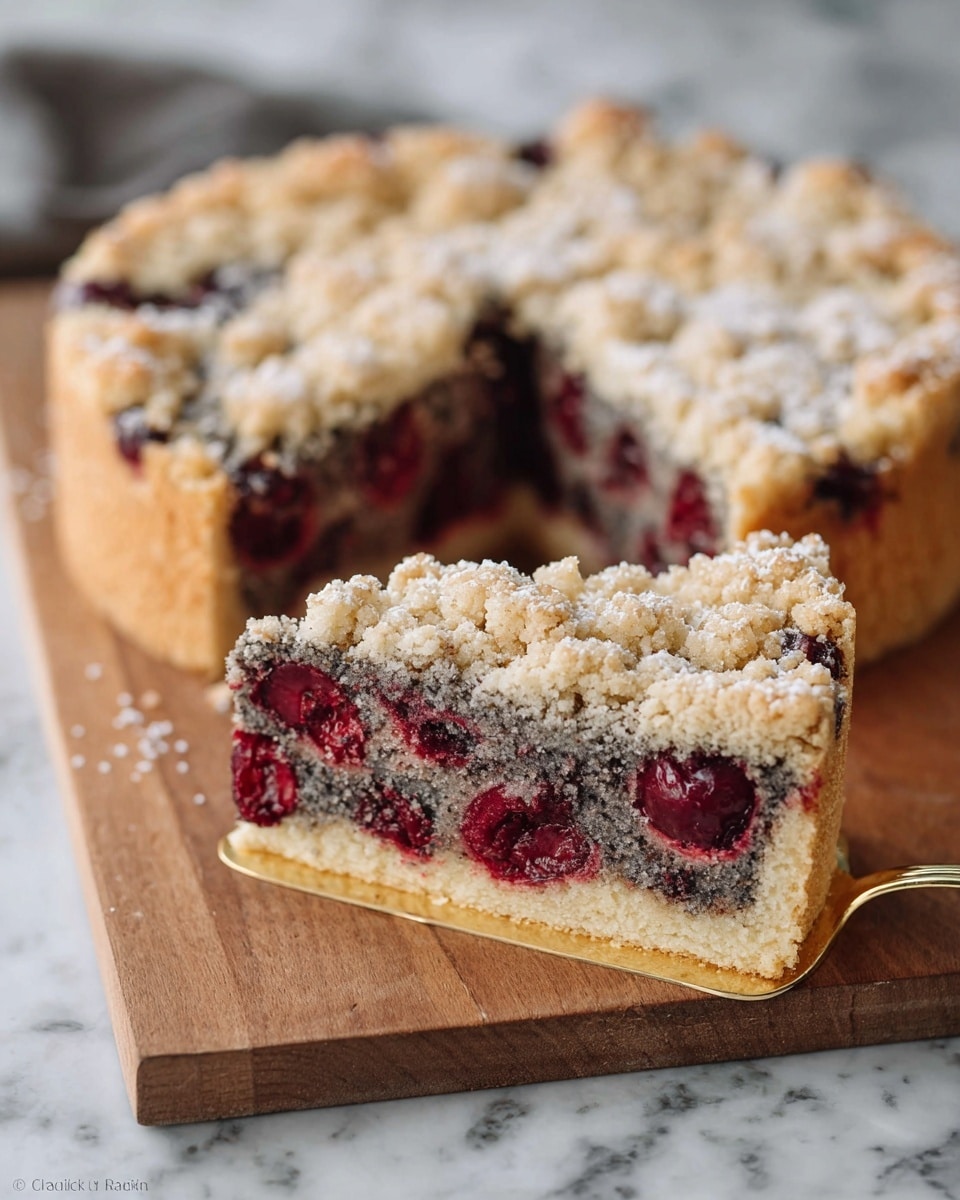 The image shows a round cake with three visible layers sitting on a wooden board over a white marbled texture. The bottom layer is a thin, pale golden crust. The middle layer is thick and dark gray with embedded dark red cherry pieces. The top layer is a crumbly, light beige streusel with an uneven texture, sprinkled with powdered sugar. A slice of the cake is cut and placed in front, resting on a gold-colored spatula, showing the same three layers clearly with cherries scattered inside the middle layer. Photo taken with an iphone --ar 4:5 --v 7
