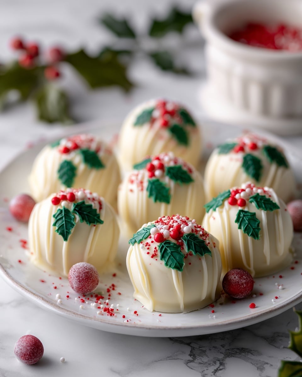 A white plate holds seven round white chocolate dessert balls, each decorated with green holly leaf shapes and small red berries made from icing on top, with red and white sprinkles scattered over them. The white chocolate balls have a smooth texture with thin, slightly darker white chocolate drizzle lines running down the sides. A few loose red berries sit on the plate around the treats. In the background, there is more white chocolate with red topping in a white bowl, all set on a white marbled surface with some green leaves and red berries softly blurred. photo taken with an iphone --ar 4:5 --v 7