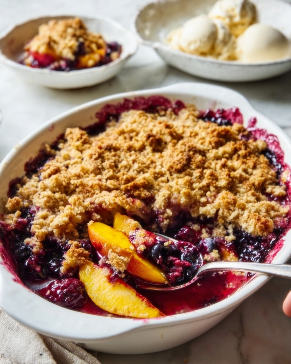 A white oval baking dish filled with a mixed berry crumble that has a golden brown, crumbly topping textured with small clumps. Under the topping, the berry filling is deep purple and red, bubbling around the edges. A spoon resting inside reveals bright yellow peach slices underneath the berries, showing juicy and soft texture. In the background, a white bowl holds a scoop of white ice cream and more of the crumble, all set on a white marbled surface. Woman’s hand is holding the spoon in the baking dish. photo taken with an iphone --ar 4:5 --v 7