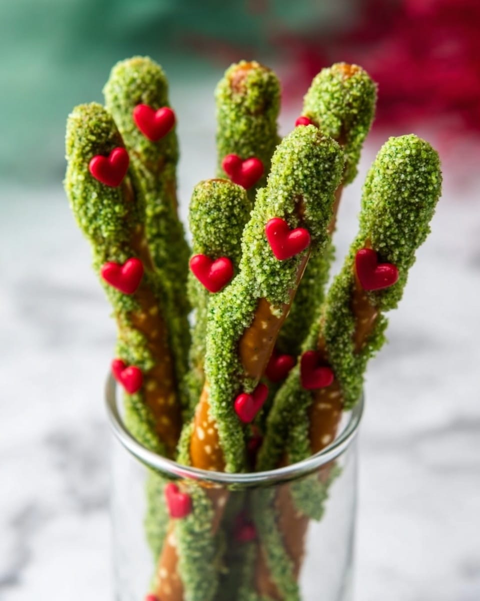 The image shows several long pretzel sticks dipped in a green coating, giving a rough, textured look similar to moss. Small red heart shapes are evenly placed on the green coating, adding a cute and colorful contrast. The pretzel sticks are arranged standing up inside a clear glass, which sits on a surface with a white marbled texture. The background is softly blurred with green and red hues, not distracting from the main focus. Photo taken with an iphone --ar 4:5 --v 7