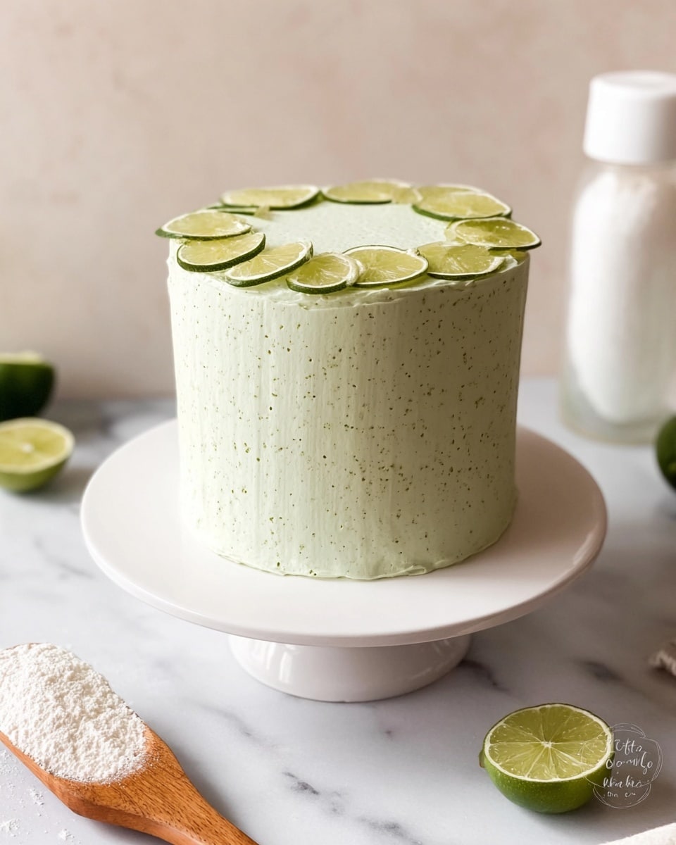 A tall, smooth light green cake with tiny specks, covered in a thin layer of frosting, sits centered on a white round cake stand. The top of the cake is flat and decorated with eight thin lime slices arranged in a circle near the edge. The cake stand is placed on a white marbled surface with a wooden spoon holding some white powder nearby and a clear squeeze bottle in the background. Photo taken with an iphone --ar 4:5 --v 7