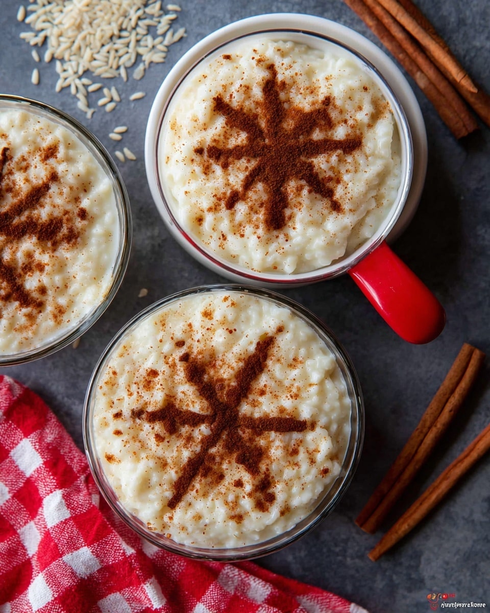The image shows three servings of creamy rice pudding topped with brown cinnamon powder in a crisscross pattern. Two servings are in clear glass bowls, showing the soft, white, slightly lumpy texture of the pudding, while the third serving is in a white bowl with a red handle on the right side. The pudding layers are even and smooth, with the cinnamon powder spread on top creating contrast. The bowls are placed on a dark grey surface beside a few scattered grains of rice and a cinnamon stick, with a red and white checkered cloth at the bottom. Photo taken with an iphone --ar 4:5 --v 7