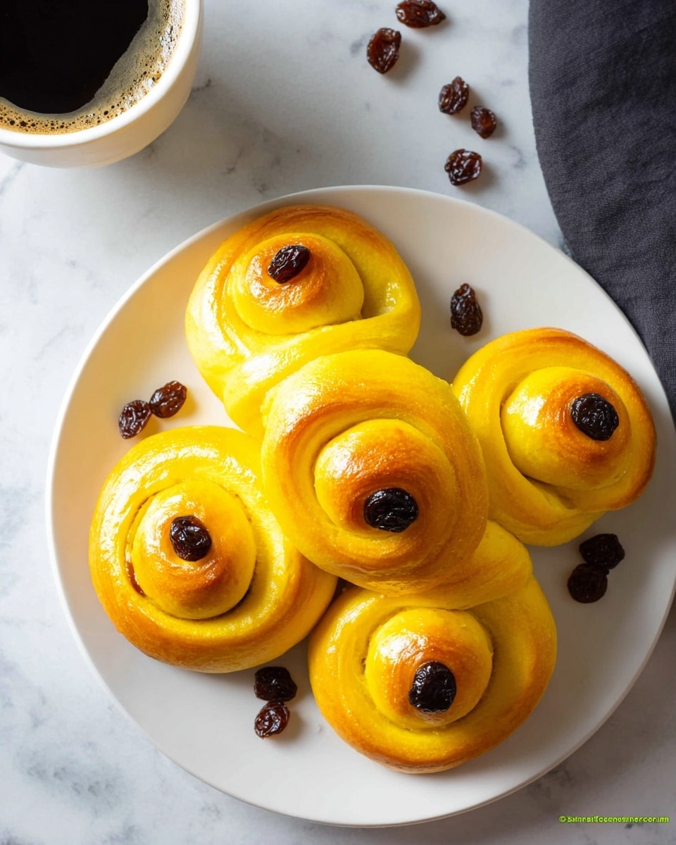 A white plate holds five yellow golden Swedish saffron buns shaped in an S-curve, each bun showing a soft and smooth texture with a shiny, slightly browned top. Each swirl on the buns is topped with a single dark brown raisin, adding contrast. A few raisins are scattered around on the plate, which rests on a white marbled surface. Part of a white cup of black coffee sits at the upper left corner of the image. Photo taken with an iphone --ar 4:5 --v 7