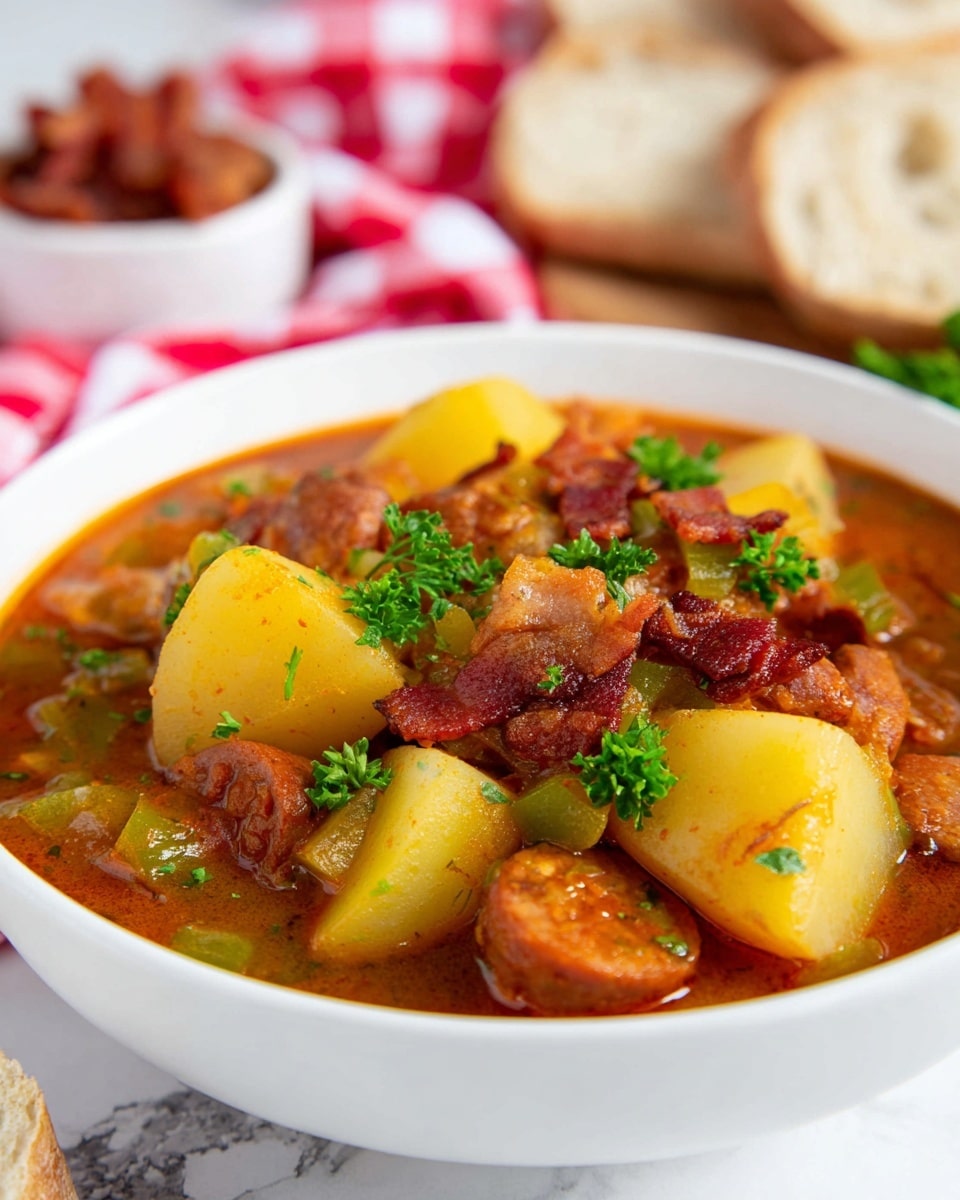 A close-up view of a white bowl filled with a chunky stew featuring several layers of ingredients: large pale yellow potato chunks, thick slices of browned sausage, and small pieces of crispy bacon scattered on top. The stew is bathed in a rich reddish-brown broth, with visible bits of green bell peppers and fresh parsley leaves adding specks of green throughout. In the background, blurred slices of bread rest on a surface covered with a red and white checkered cloth, and a small white bowl holds extra bacon pieces. The entire scene is set on a white marbled surface, photo taken with an iphone --ar 4:5 --v 7