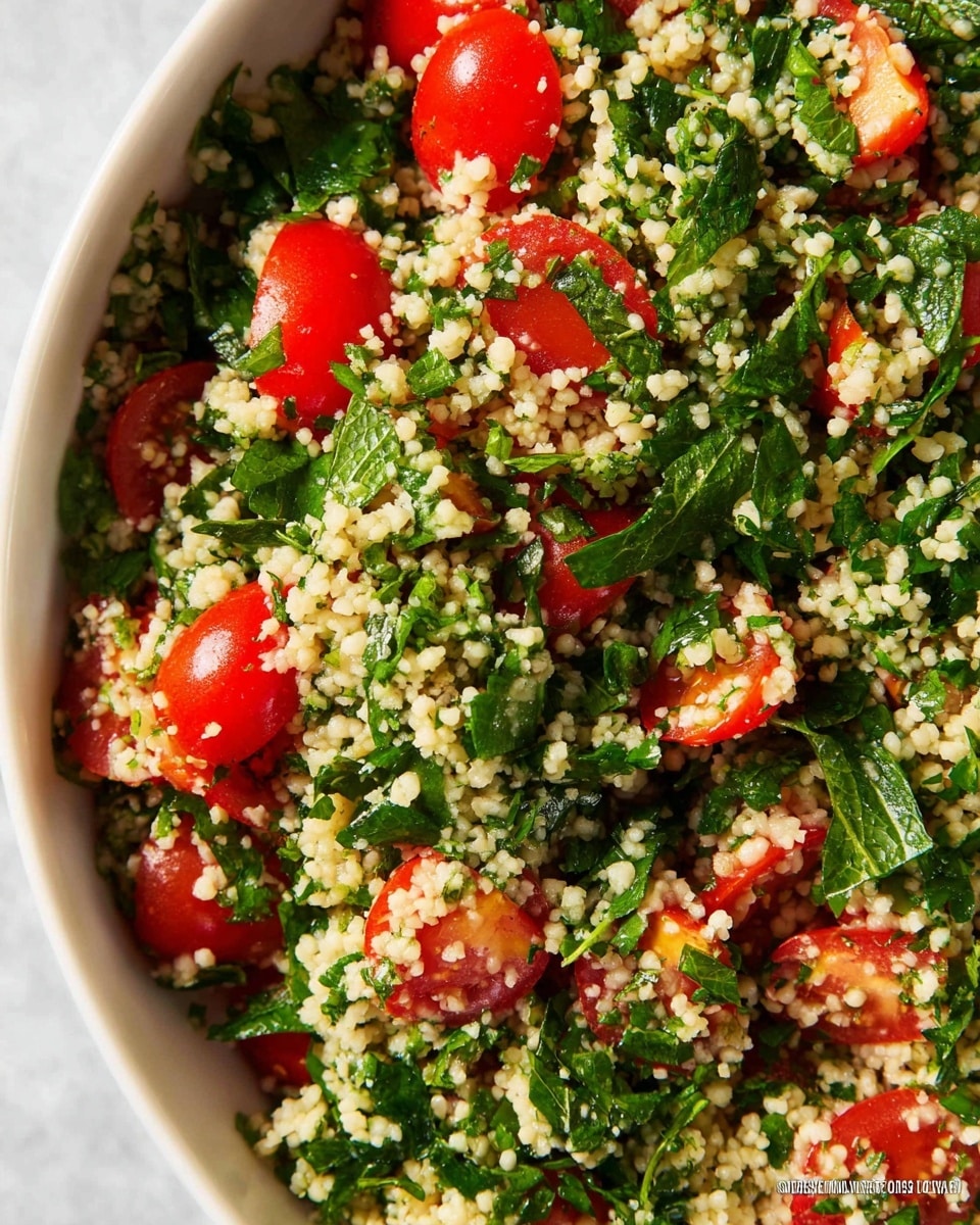 A close-up view of a fresh salad in a white bowl, showing three main layers: the first layer is small beige grains, the second layer is bright red halved cherry tomatoes scattered throughout, and the third layer is finely chopped dark green leafy herbs mixed evenly all over. The textures are a mix of soft, juicy tomato slices, grainy bulgur, and crisp leafy herbs, all sitting against a smooth white surface of the bowl. Photo taken with an iphone --ar 4:5 --v 7