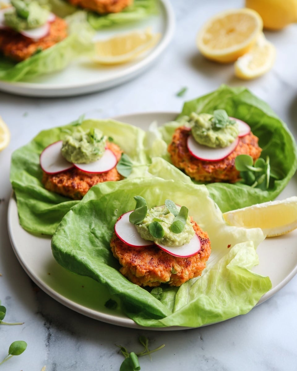 On a white plate over a white marbled surface, three round salmon patties with a slightly crispy orange-brown outer layer sit on large, bright green lettuce leaves. Each patty is topped with a small dollop of smooth, pale green guacamole, thin slices of red-edged white radish, and small green pea shoots. Around the plate are wedges of pale yellow lemon. In the background, another white plate with a similar salmon patty on lettuce and lemon wedges is slightly blurred. Photo taken with an iphone --ar 4:5 --v 7