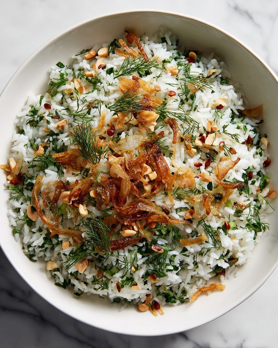 A close-up view of a dish in a white bowl showing a base layer of fluffy white rice mixed with green herbs and dill finely spread throughout. On top, there are scattered small red seeds and crunchy light brown nuts, adding color and texture. Thin golden-brown caramelized onion pieces are also mixed among the rice, creating a varied visual effect with a mix of soft, crispy, and fresh textures. The bowl is placed on a white marbled surface. photo taken with an iphone --ar 4:5 --v 7
