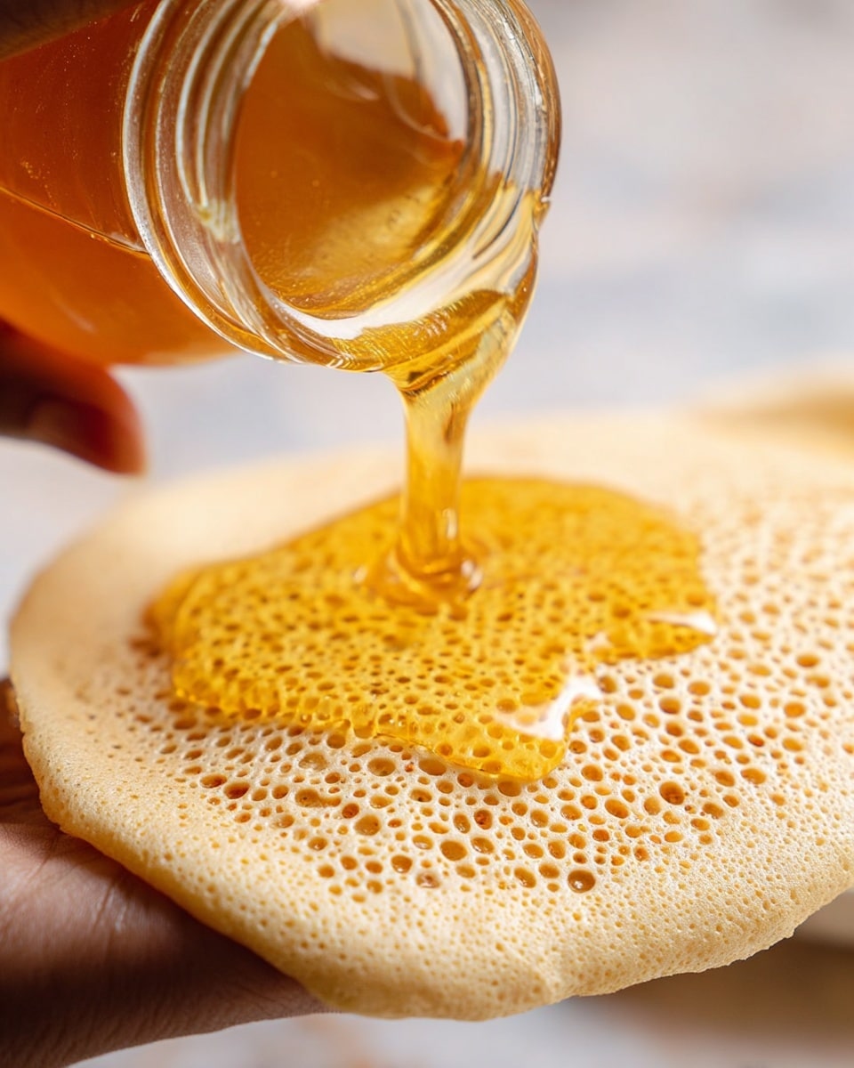 A close-up view of a light beige crepe with many small holes across its surface, held by a woman's hand at the bottom edge. Golden honey is being poured onto the crepe from a clear glass jar held above, the honey thick and shiny, spreading unevenly across the textured crepe top. The background shows a soft focus white marbled texture, enhancing the focus on the warm colors and details of the crepe and honey. photo taken with an iphone --ar 4:5 --v 7
