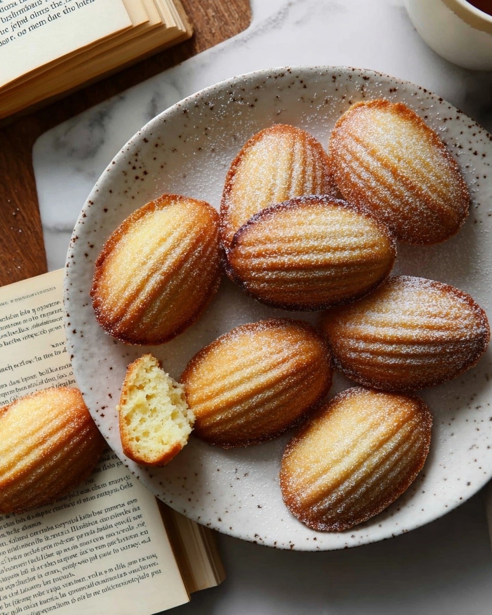 A white speckled plate holds seven golden brown madeleine cookies arranged closely, showcasing their shell-like ridged tops with a light dusting of powdered sugar. One cookie is broken and placed near the bottom left edge of the plate, displaying a moist, soft inside with a light yellow crumb texture. Around the plate, an open book with yellowed pages is partially visible beneath the plate, and a white ceramic cup sits near the top right corner. The surface beneath everything is a white marbled texture with a wooden table partially visible at the top. Photo taken with an iphone --ar 4:5 --v 7