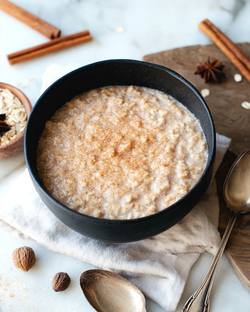 A black bowl filled with smooth, light brown oatmeal that has a slightly grainy texture on top, placed on a white cloth on a white marbled surface. Around the bowl, there are a few cinnamon sticks, whole nutmegs, and cloves scattered casually on the white marbled background, with two tarnished silver spoons lying next to the bowl. The overall scene is softly lit to highlight the warm tones of the oatmeal and spices. photo taken with an iphone --ar 4:5 --v 7