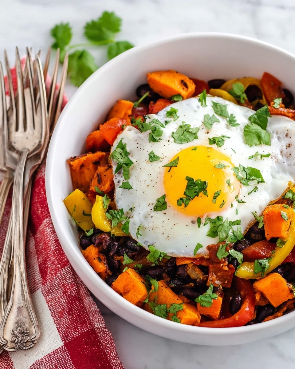 A white bowl filled with a colorful mix of cooked vegetables and beans forms the base layer, featuring orange sweet potato chunks, yellow bell pepper pieces, black beans, and brown caramelized onions, all mixed with chopped green cilantro scattered on top and throughout. On the top layer, a perfectly cooked sunny-side-up egg with a white edge and slightly browned, bubbly center sits in the bowl's center, garnished with a few extra small leaves of cilantro. The bowl is placed on a white marbled texture, beside three vintage silver forks tied together with a red and cream checkered cloth. photo taken with an iphone --ar 4:5 --v 7