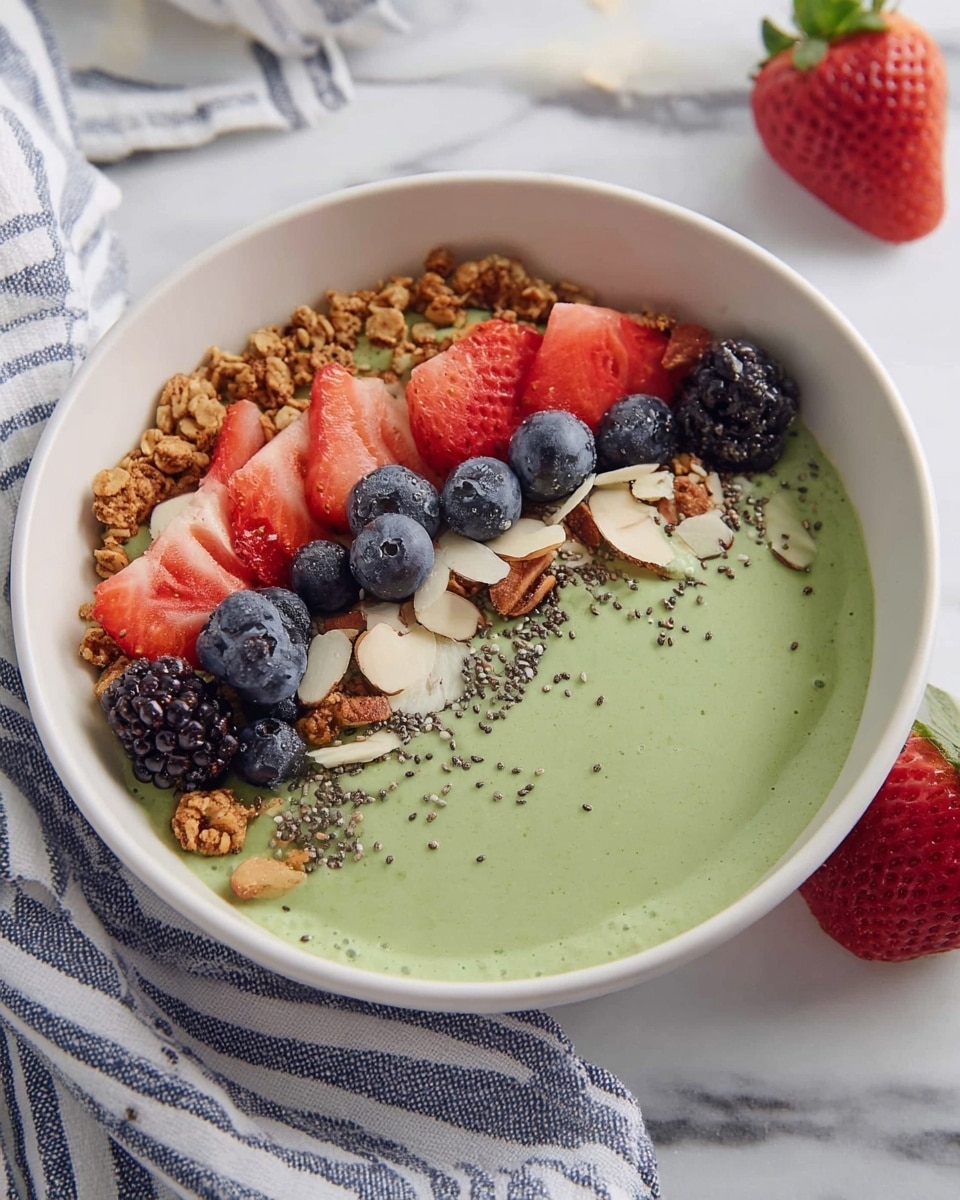 The image shows a white bowl filled with a thick, smooth green smoothie base that covers about two-thirds of the bowl. On top of the green smoothie, there is a line of mixed fruits and granola. This layer includes whole blueberries with a deep blue color, halved bright red strawberries with visible seeds, and dark purple-black blackberries. Scattered among the fruit is golden brown granola with clusters and nut pieces and thin, off-white almond slices. Some small black chia seeds are sprinkled over the smoothie and toppings. The bowl sits on a white marbled surface with a white and blue striped cloth nearby, and a whole strawberry is placed to the right side. Photo taken with an iphone --ar 4:5 --v 7