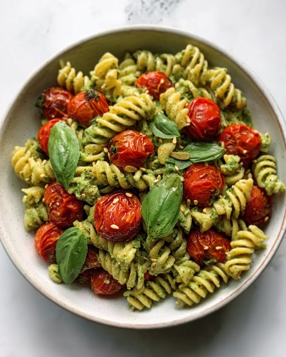 A bowl filled with spiral pasta coated in green sauce, topped with whole roasted red cherry tomatoes and fresh green basil leaves scattered evenly on top, creating a bright contrast. The bowl is white and sits on a white marbled surface, showing a rustic and fresh look. Photo taken with an iphone --ar 4:5 --v 7