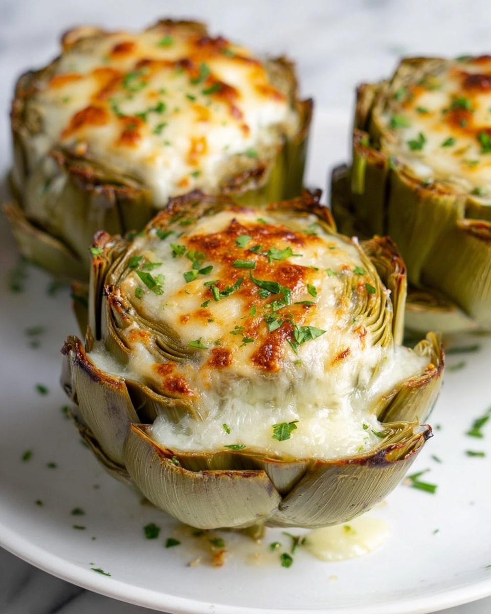 The image shows three stuffed artichokes placed on a white plate with a white marbled texture background. Each artichoke has a visible base layer of layered pale green and creamy white leaves tightly packed around the stem. On top, there is a thick layer of golden-browned melted cheese with some small browned spots, and the cheese appears creamy and bubbly. The cheese layer is further garnished with small chopped green herbs scattered on top for a fresh touch. The artichokes have a slightly charred, roasted look around some edges of the leaves, adding texture. Photo taken with an iphone --ar 4:5 --v 7
