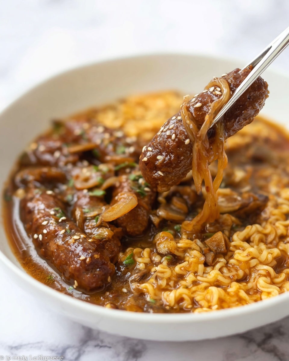 The image shows a white bowl filled with a rich, brown broth at the bottom layer, topped with cooked instant noodles that have absorbed the broth and turned a golden yellow-orange color. On top of the noodles, there are several meat rolls covered in a dark brown sauce with sesame seeds and small pieces of garlic visible on their surface. A pair of metal chopsticks holds one of the meat rolls lifted above the bowl, revealing some curled, light brown mushroom strands sticking out of the meat roll. The background is a white marbled texture. photo taken with an iphone --ar 4:5 --v 7