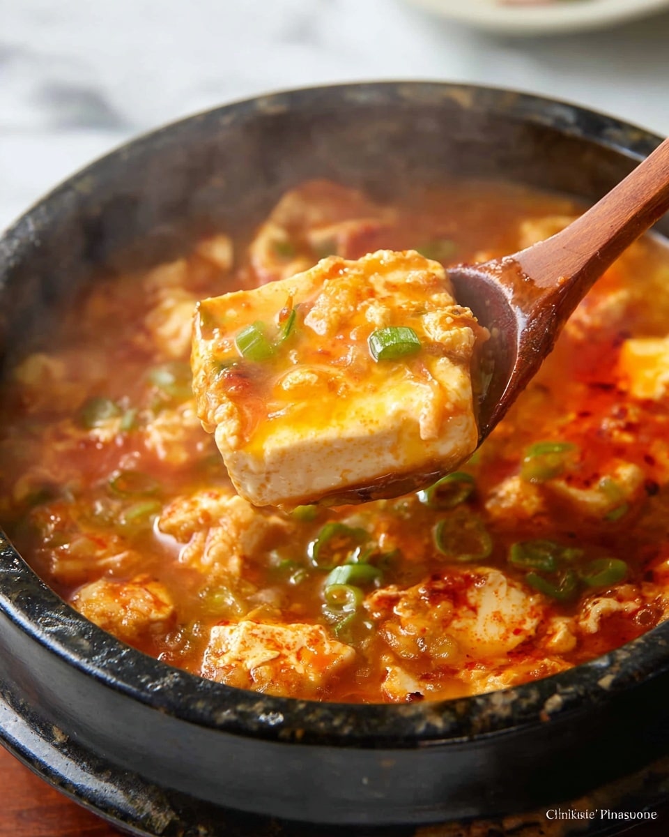 A close-up view of a bubbling stew in a dark stone pot shows chunky soft tofu pieces in a thick orange-red broth with small bits of vegetables and green onions scattered throughout, steam rising from the dish to show its heat. A wooden spoon lifts a large, smooth, creamy, pale tofu piece covered lightly in the red broth, highlighting the contrasting textures. The dark pot rests on a white marbled surface with a blurred background. photo taken with an iphone --ar 4:5 --v 7