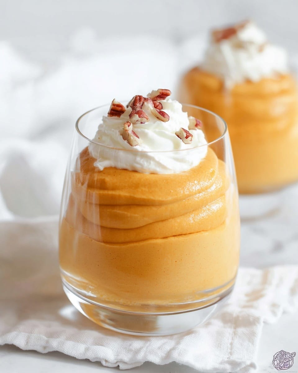 A clear glass holds a creamy pumpkin-colored mousse filling about three-quarters of it, with a smooth and slightly thick texture visible in soft swirls. On top, there is a dollop of white whipped cream, fluffy and light, crowned with small, roughly chopped pecan pieces that add a crunchy texture. In the background, another glass with the same dessert is slightly out of focus, all set on a soft white cloth, with a white marbled surface underneath. The lighting is bright and natural, highlighting the warm orange and white colors in a clean and fresh setting. photo taken with an iphone --ar 4:5 --v 7