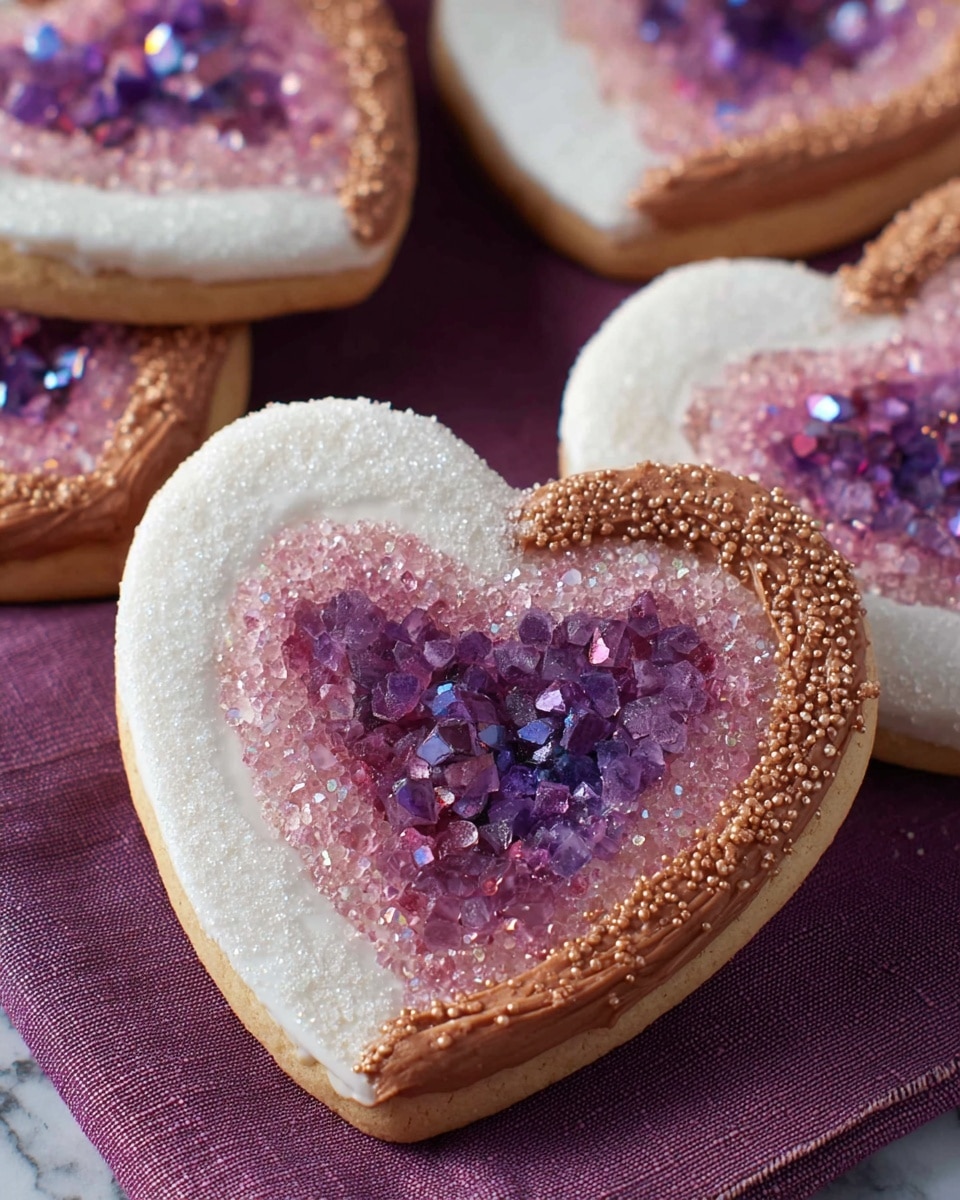 The image shows heart-shaped cookies with three layers of decoration. The base layer is the cookie with a light tan color and smooth texture. On top of that is a thick white sugar coating, rough and sparkling. The center of each cookie has a patch of crushed sugar crystals in shades of purple and pink, giving a shiny, gem-like look. Around the edges is a thick, textured brown icing border. The cookies are placed on a purple textured cloth, with a white marbled surface barely visible beneath. photo taken with an iphone --ar 4:5 --v 7