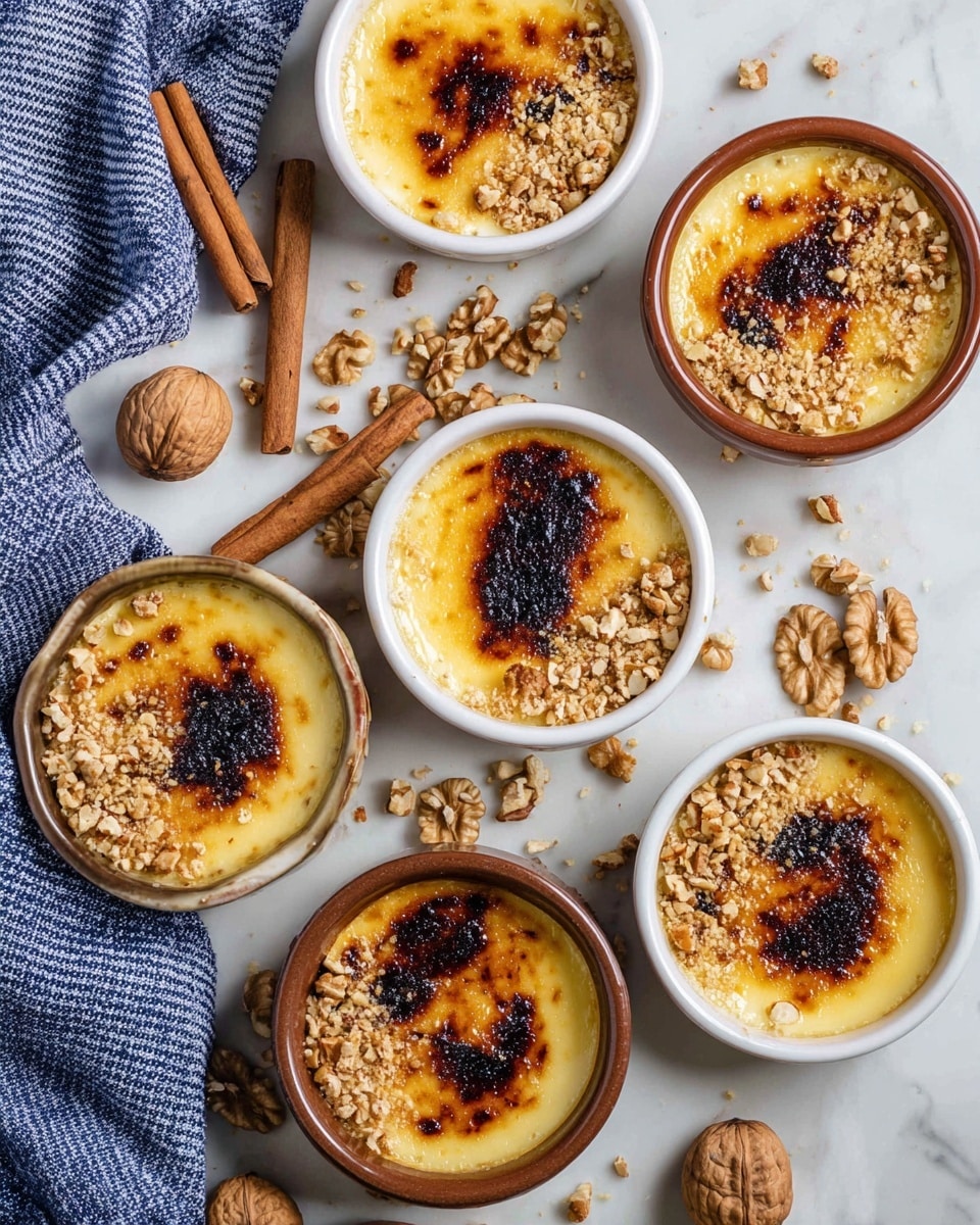 Seven small bowls, five white and two brown, hold a creamy yellow dessert with burnt brown spots on the top layer. Each bowl is sprinkled with crushed nuts, mostly on one side, creating a textured look. The bowls are set on a white marbled surface scattered with whole walnuts and cinnamon sticks. A blue and white checked cloth is partly visible on the left side. The dessert's glossy, smooth top layer contrasts with the rough nut topping. photo taken with an iphone --ar 4:5 --v 7