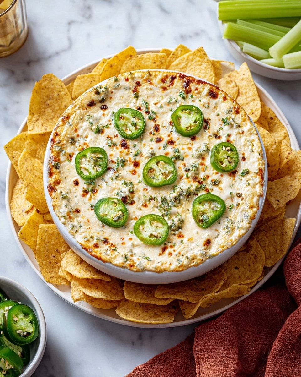 The image shows a round white bowl filled with a creamy baked dip that has a golden-brown, slightly toasted top layer mixed with melted white cheese and specks of green herbs. Slices of bright green jalapeños with visible seeds are scattered on the surface, adding color contrast. The bowl is placed on a white plate surrounded by light yellow tortilla chips standing upright, creating a textured border. The setup is on a white marbled surface with a small white bowl of sliced jalapeños and another white plate holding celery sticks nearby. A folded rust-colored cloth is visible at the corner. photo taken with an iphone --ar 4:5 --v 7