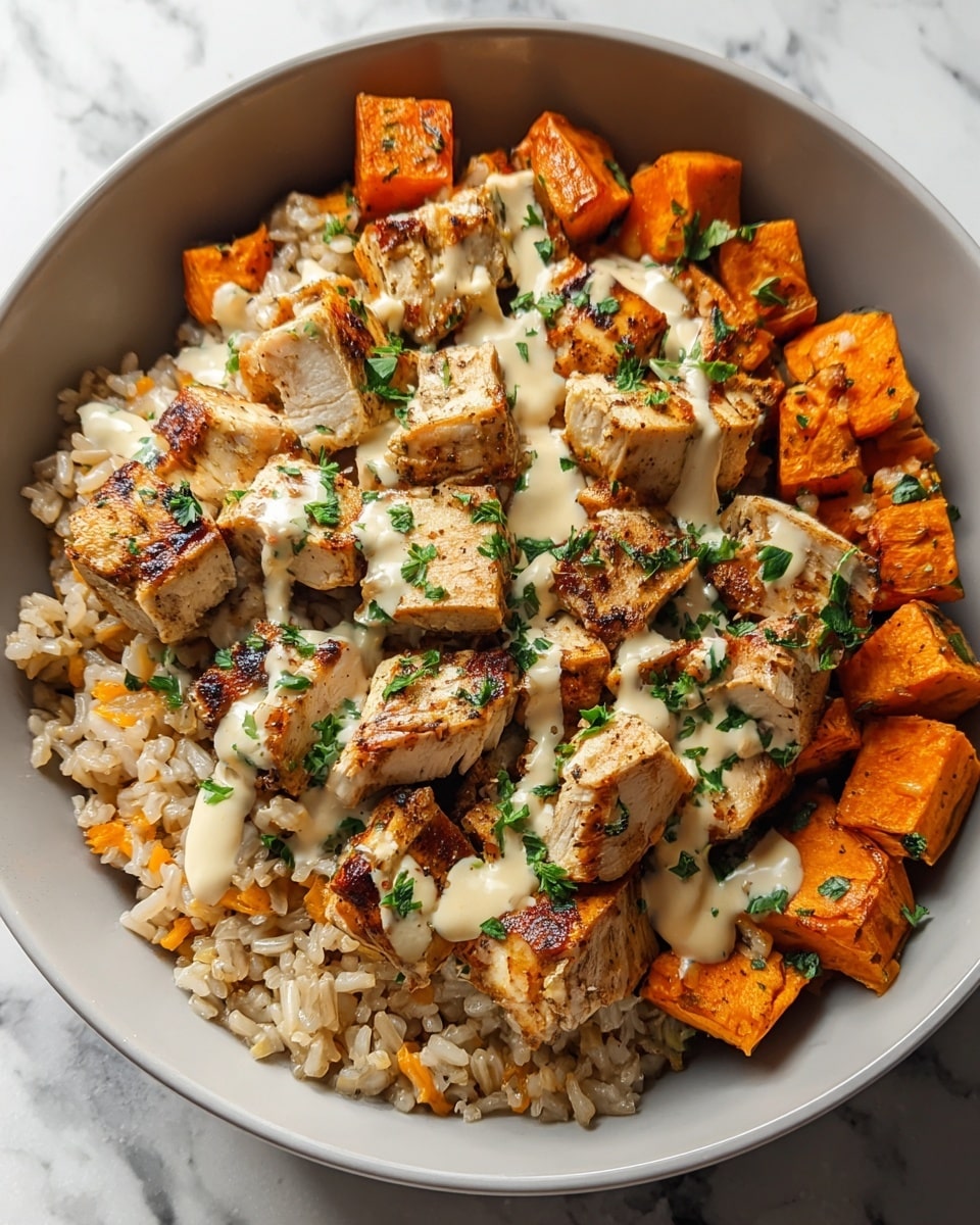 A white bowl filled with a base layer of cooked brown rice mixed with small bits of orange vegetables, topped with two layers of cubed roasted sweet potatoes and grilled chicken pieces, both golden brown with a slightly charred texture. Drizzled over the top is a light creamy sauce, scattered with small green herb leaves for garnish, all set on a white marbled surface. photo taken with an iphone --ar 4:5 --v 7