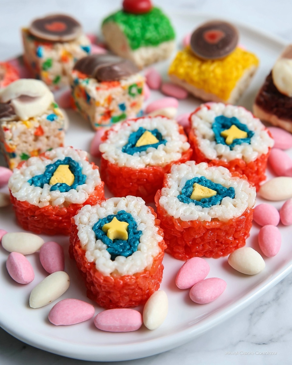 A white square plate on a white marbled surface holds an assortment of colorful treats arranged in a playful spread. The lower half shows several round sushi-like rolls with a cream-colored outer layer wrapped in red seaweed, each filled with small yellow and star-shaped pieces inside. Scattered around are small red and white oblong candies, adding bright pops of color. Near the top right, there are four oval rice crispy treats with translucent red, green, and yellow gummy fish poking out, wrapped with thick brown chocolate strips. Two square crispy treats decorated with tiny chocolate chips and two round ball-shaped candies coated in colorful sprinkles complete the arrangement. Photo taken with an iphone --ar 4:5 --v 7