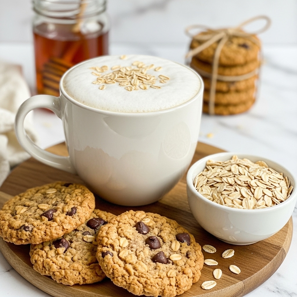 A large white mug filled with foam on top, sprinkled with oat flakes, sits on a wooden board. In front of the mug are three oatmeal chocolate chip cookies, golden brown with a textured surface showing oats and chocolate chips. To the side, there is a small white bowl filled with rolled oats. The background features a blurred jar of honey and more cookies tied with twine, all set against a white marbled surface. photo taken with an iphone --ar 4:5 --v 7