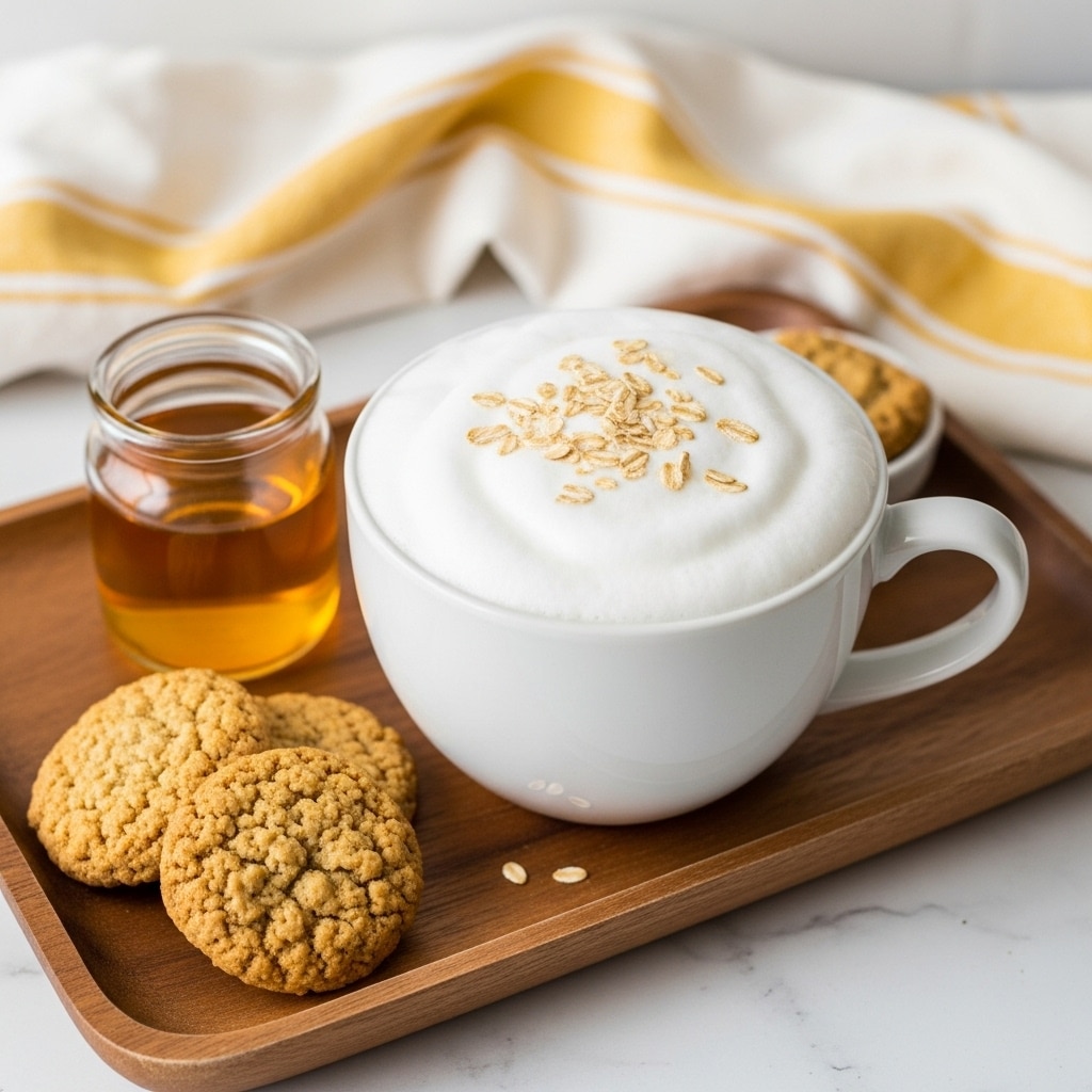 A large white cup filled with a thick layer of white foam topped lightly with small oat flakes. The cup is placed on a wooden tray that holds three golden brown oatmeal cookies and a small glass jar filled with light amber liquid. The background includes a soft fabric with yellow and white stripes draped gently, all set against a white marbled surface. Photo taken with an iphone --ar 4:5 --v 7