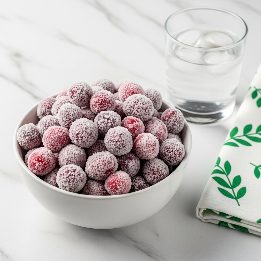 A white bowl filled with small round balls covered in white powder with some red spots showing through, sitting on a white marbled surface next to a glass of water and a cloth with green leaf patterns. Photo taken with an iphone --ar 4:5 --v 7