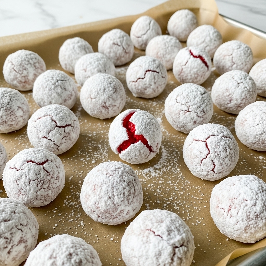 The image shows a tray filled with many small round balls covered completely in white powdered sugar. Some balls have a bright red color showing through cracks in the powdered sugar. The balls are spread out on brown parchment paper covering the tray. The background is a white marbled texture. photo taken with an iphone --ar 4:5 --v 7